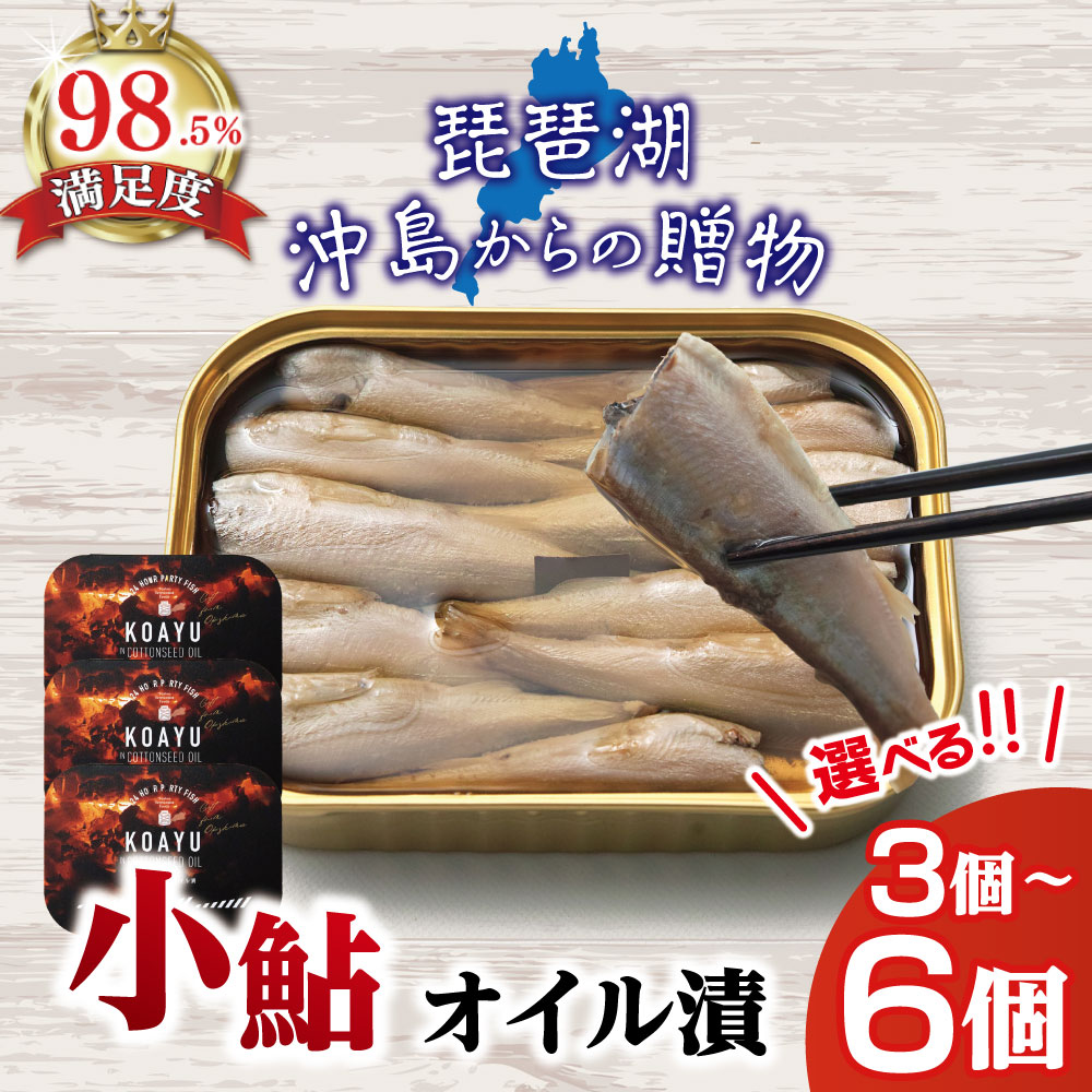 【ふるさと納税】びわ湖産 こあゆ オイル漬（105g） 缶詰セット 【琵琶湖 沖島からの贈物】 選べる 3個 / 6個 ［24hour party fish gift for okishima KOAYU in COTTONSEED OIL］琵琶湖 湖魚 こあゆ 奥村佃煮