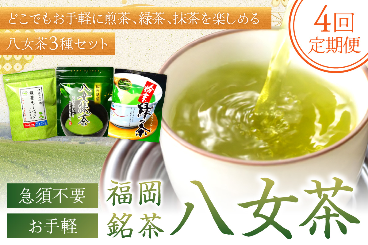 【4回定期便】福岡銘茶八女茶　急須要らずのお手軽セット【001-0365】