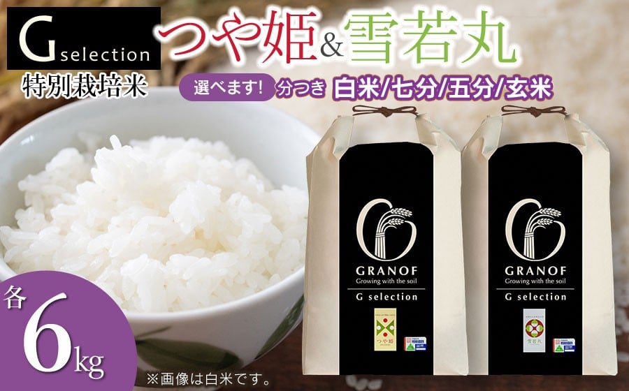 
                  【令和7年産】 特別栽培米 Gセレクション つや姫・雪若丸 各6kg×1袋 (合計12kg) 食べ比べセット つき加減(精米加減)が選べる（玄米・五分づき・七分づき・白米）山形県鶴岡市産　株式会社グラノフ
                