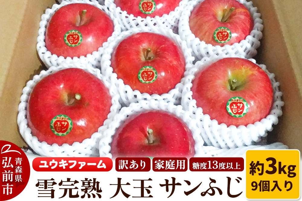 
            【26年1月～発送】りんご 【 数量限定 】訳あり 雪完熟 家庭用 糖度13度以上 大玉 サンふじ 約3kg 9個入り
          