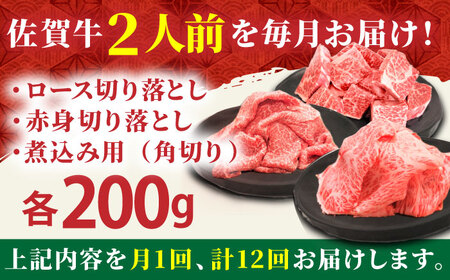 【全12回定期便】おふたりさま向け 佐賀牛 普段使いセットA【田中畜産牛肉店】黒毛和牛 切り落とし 赤身 ロース 角切り[HBH069] 佐賀牛 牛肉 黒毛和牛 佐賀牛 牛肉 和牛 佐賀牛 牛肉 冷凍