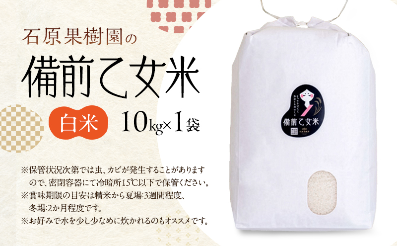 米 令和7年産 石原果樹園の備前乙女米 白米 10kg×1袋 ※11月上旬～順次発送予定 お米 精米 白米 ライス  乳酸菌栽培 岡山県 おにぎり お弁当 