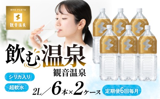 温泉水  2L 6本入 2ケース 定期便 6回 毎月 飲む温泉水 水 ペットボトル 飲料 軟水 国産 料理 シリカ アルカリ ミネラルウォーター 常温保存 備蓄 観音温泉 静岡県 下田市 伊豆