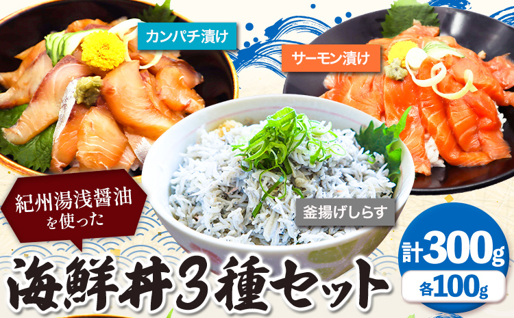紀州 湯浅 醤油 を使った サーモン と カンパチ の 漬け＆ 釜揚げ しらす の 海鮮丼 3種セット 計300g 魚鶴商店 《30日以内に出荷予定(土日祝除く)》 和歌山県 日高町 サーモン カンパチ しらす海鮮 刺身 さしみ 漬け丼 どんぶりの具