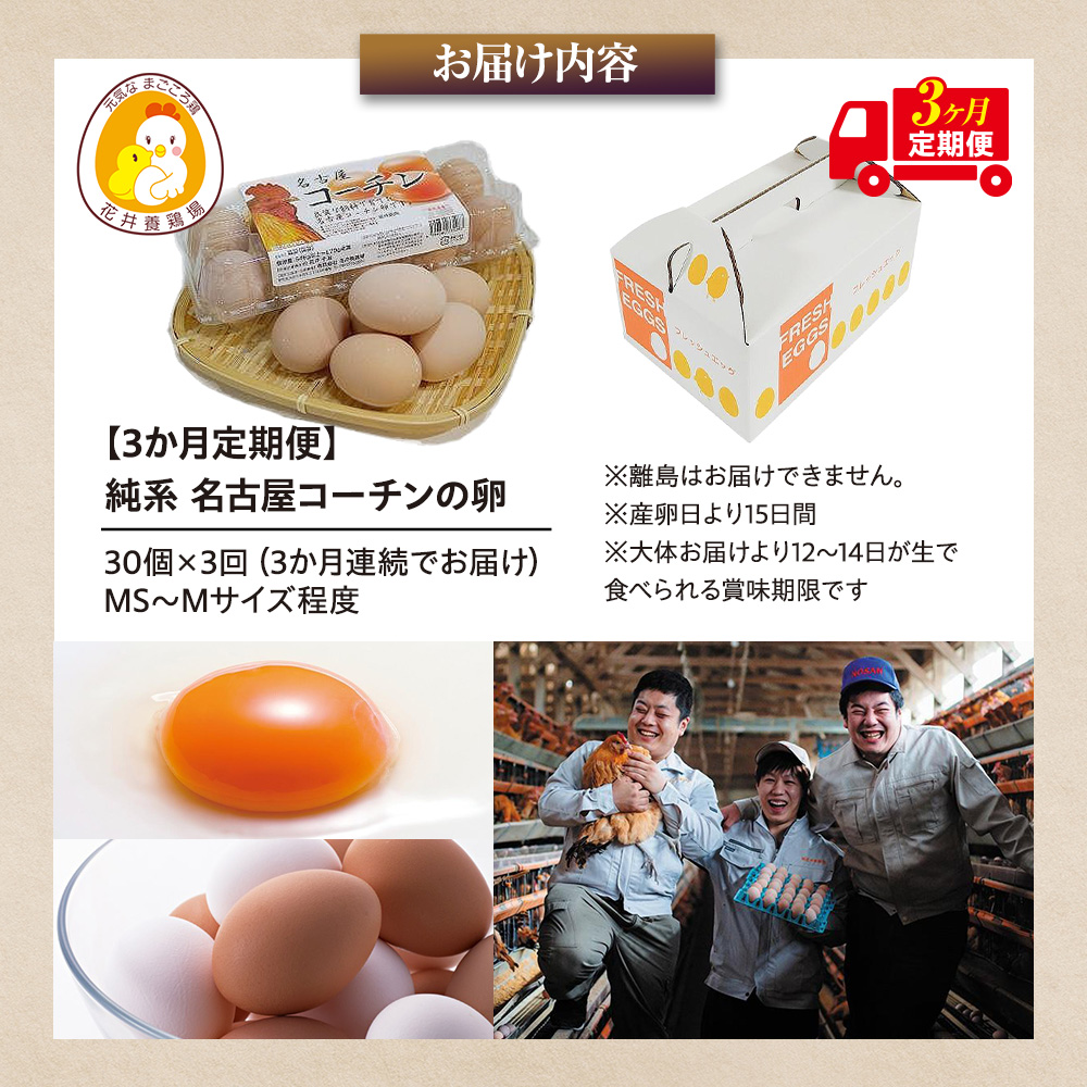 【3か月定期便】日本三大地鶏！！ 「純系　名古屋コーチンの卵」（30個）　本当に美味しい食べ物は調味料の味に負けません！