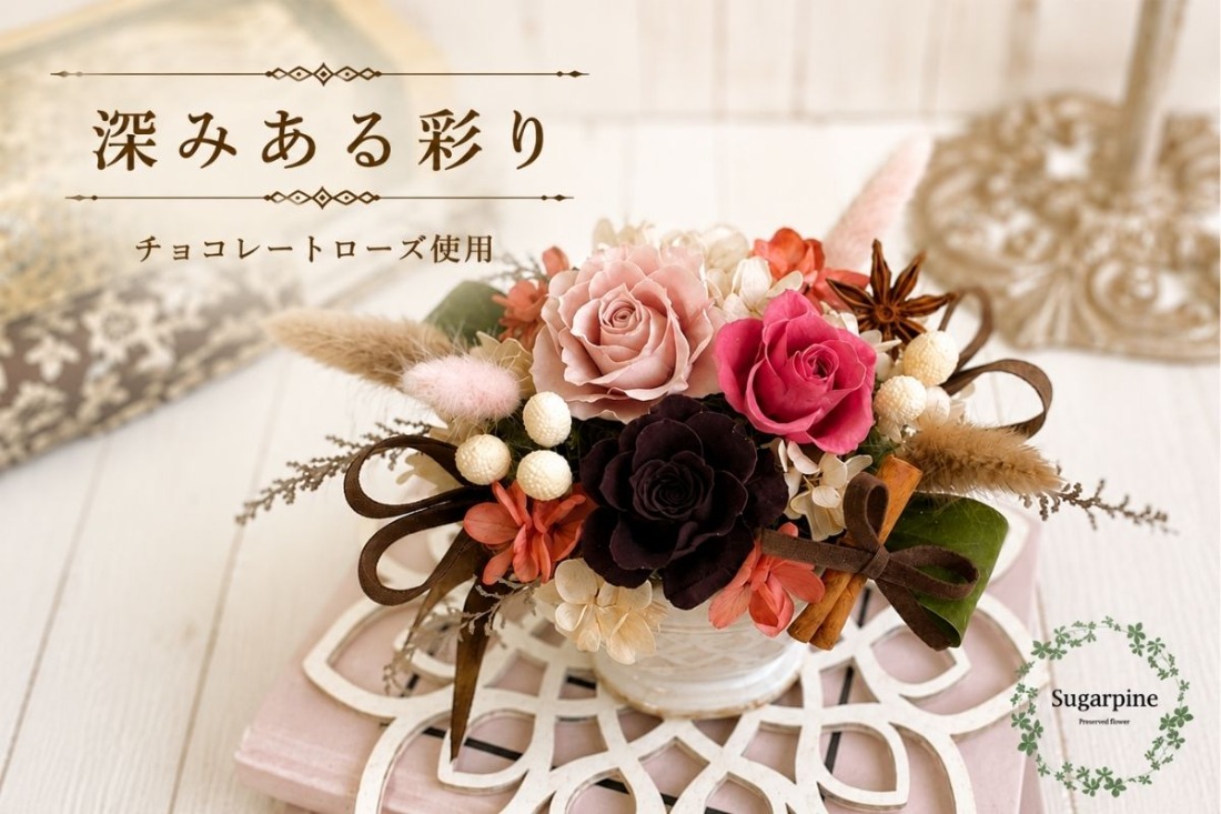プリザーブドフラワー【ブランディーユ】【埼玉県 春日部市 シュガーパイン ブラウンアレンジ シック モダン インテリア】(AJ049-1)