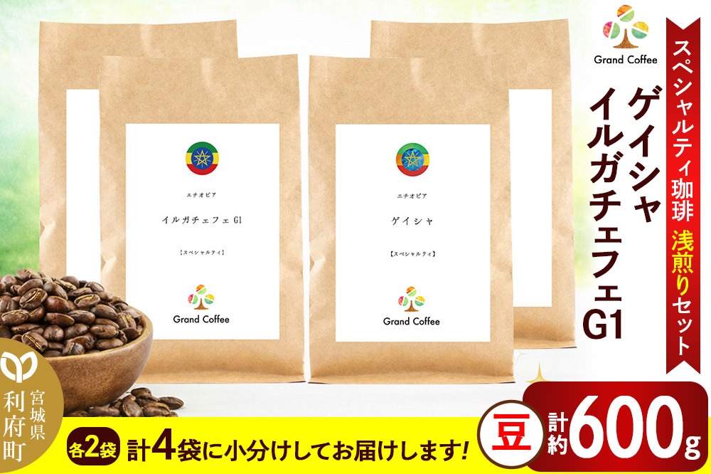 コーヒー 【スペシャルティ珈琲浅煎りセット】 2袋×2種類（計約600g） 宮城県利府町（豆）|06_grc-100201a