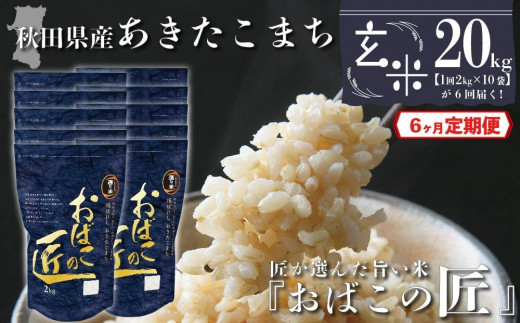 
【６ヶ月定期便】秋田県産おばこの匠あきたこまち　20kg （2kg×10袋）玄米
