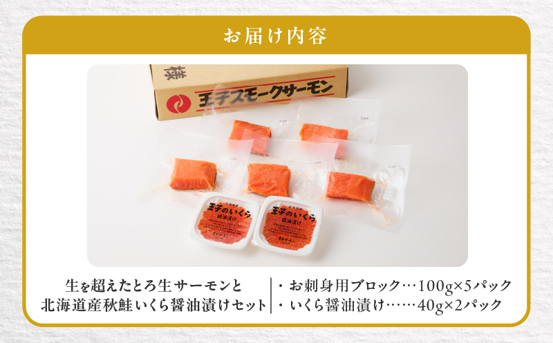 【王子サーモン】生を超えた「とろ生サーモン」と北海道産秋鮭 いくら醤油漬セット 計580g　T041-001