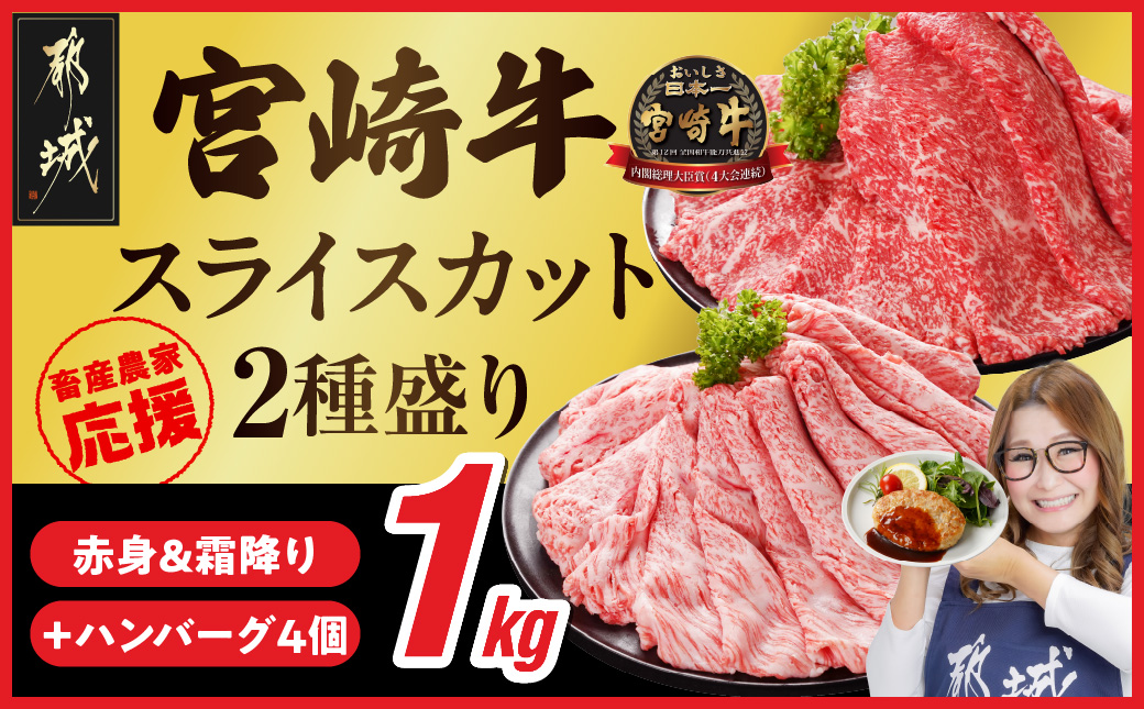 畜産農家応援! 宮崎牛スライス2種セット500g×2パック+豚肉ハンバーグ 100g×4個_17-N201-ESH