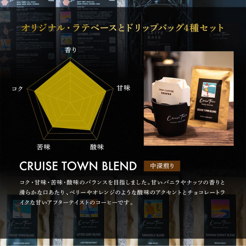 3ヵ月定期便【茅ヶ崎のスペシャルティコーヒー専門ロースター】CRUISE TOWN COFFEE ROASTERS オリジナル・ラテベースとドリップバッグ4種セット
