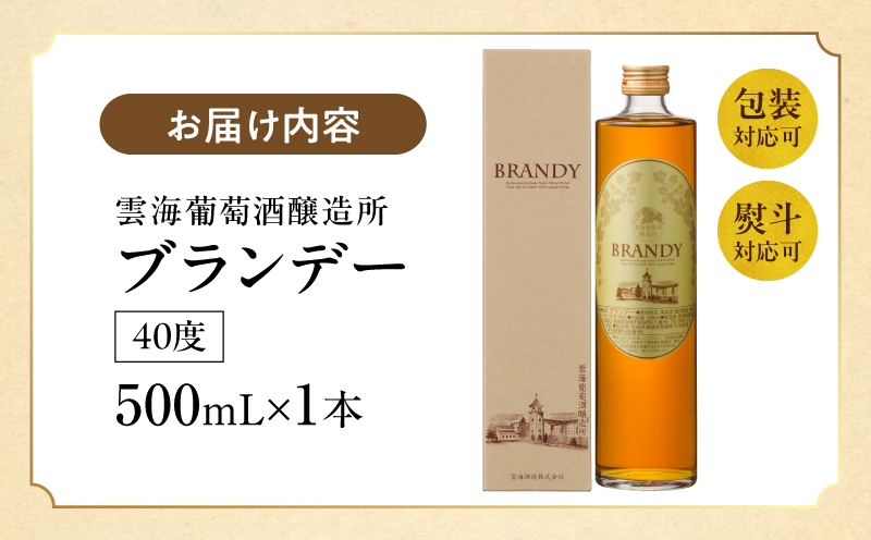 【最速便】雲海葡萄酒醸造所 ブランデー 500ml 国産 国産ブランデー 酒 洋酒 お酒 アルコール 果実酒 葡萄酒 熟成 蒸留 贈答用 贈り物 ギフト プレゼント 記念日 誕生日 イベント 手土産