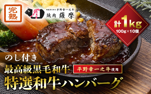 【のし付き】特選和牛〈焼肉薩摩 完熟平野幸一之牛〉ハンバーグ10個【配送不可地域：離島】