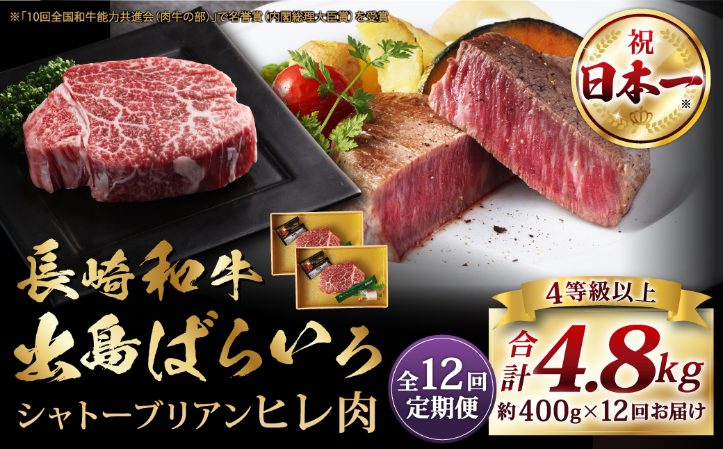 【全12回定期便】長崎和牛 出島ばらいろ シャトーブリアン【ヒレ肉】200g×2枚 合計400g 和牛 牛肉 お肉 A4等級以上 希少部位 長崎