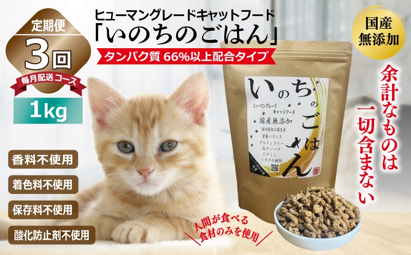 099Z171 【定期便】国産無添加 キャットフード 1kg×全3回「いのちのごはん」タンパク質 66％以上配合タイプ【猫 ねこ ペットフード チキン 手作り ヒューマングレード 国産 毎月配送】