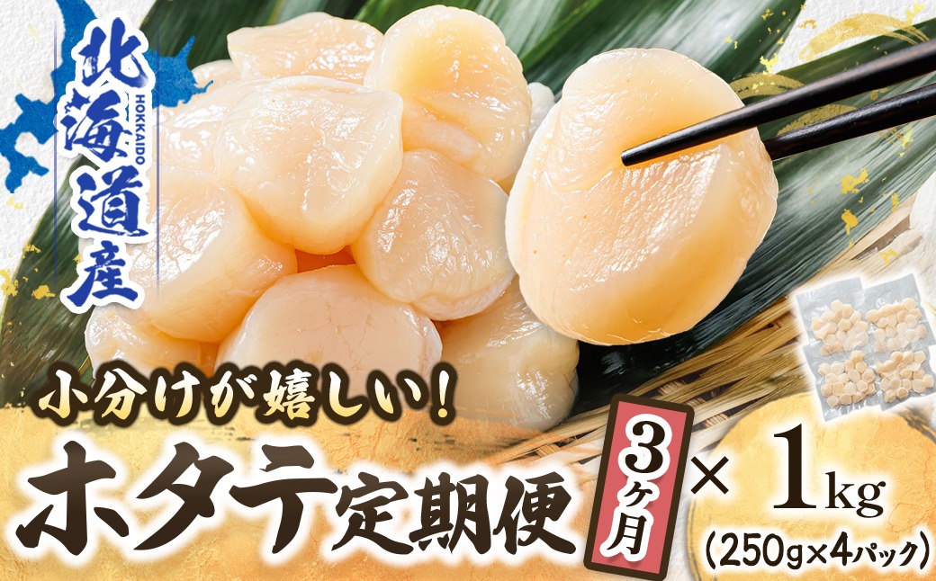 【定期便 3ケ月連続】北海道産 ホタテ貝柱 約250g×4コ 合計1kg | 帆立 ホタテ ほたて 貝柱 冷凍 刺身 刺し身 小分け ホタテ貝柱 刺身 冷凍 セット 産地直送 定期便 魚介類 海鮮 絶品 人気 ヒロセ 北海道 釧路町 釧路超 特産品 121-1262-141-046