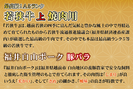若狭牛+福井白山ポーク焼肉セット（若狭牛上焼肉用（A5ランク）+福井白山ポーク豚バラ）　各500ｇ