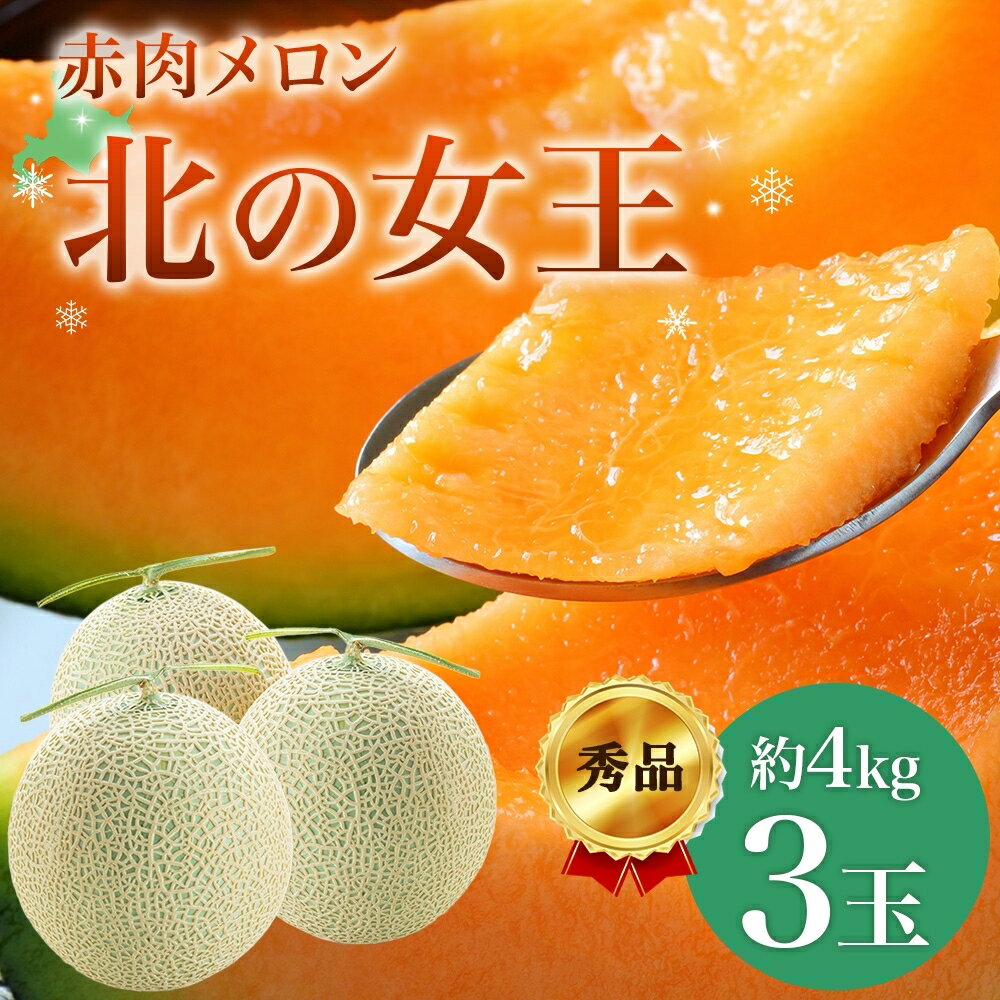 【ふるさと納税】【2026年夏発送】北海道 赤肉メロン 北の女王 秀品 約1.6kg×3玉 計約4kg以上 令和8年 メロン 果物 フルーツ 旬 季節 希少 貴重 甘い 豊潤 国産 デザート 産地直送 ギフト お祝い 贈答品 贈り物 常温　お届け：7月上旬から7月末に順次発送