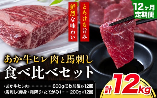 あか牛 ヒレ肉 800g(6枚前後)・馬刺し 200g 食べ比べセット 12ヶ月定期便 計12kg 合同会社たべたせいか《お申し込みの翌月から出荷》牛肉 和牛 ステーキ用ヒレ肉 フィレ 馬肉 赤身 霜降り たてがみ 馬刺し 熊本県産 送料無料