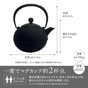 【4月1日より価格改定】南部鉄器 急須 アーガイル（ブラック）0.6L【及春鋳造所 作】 [Y0113]