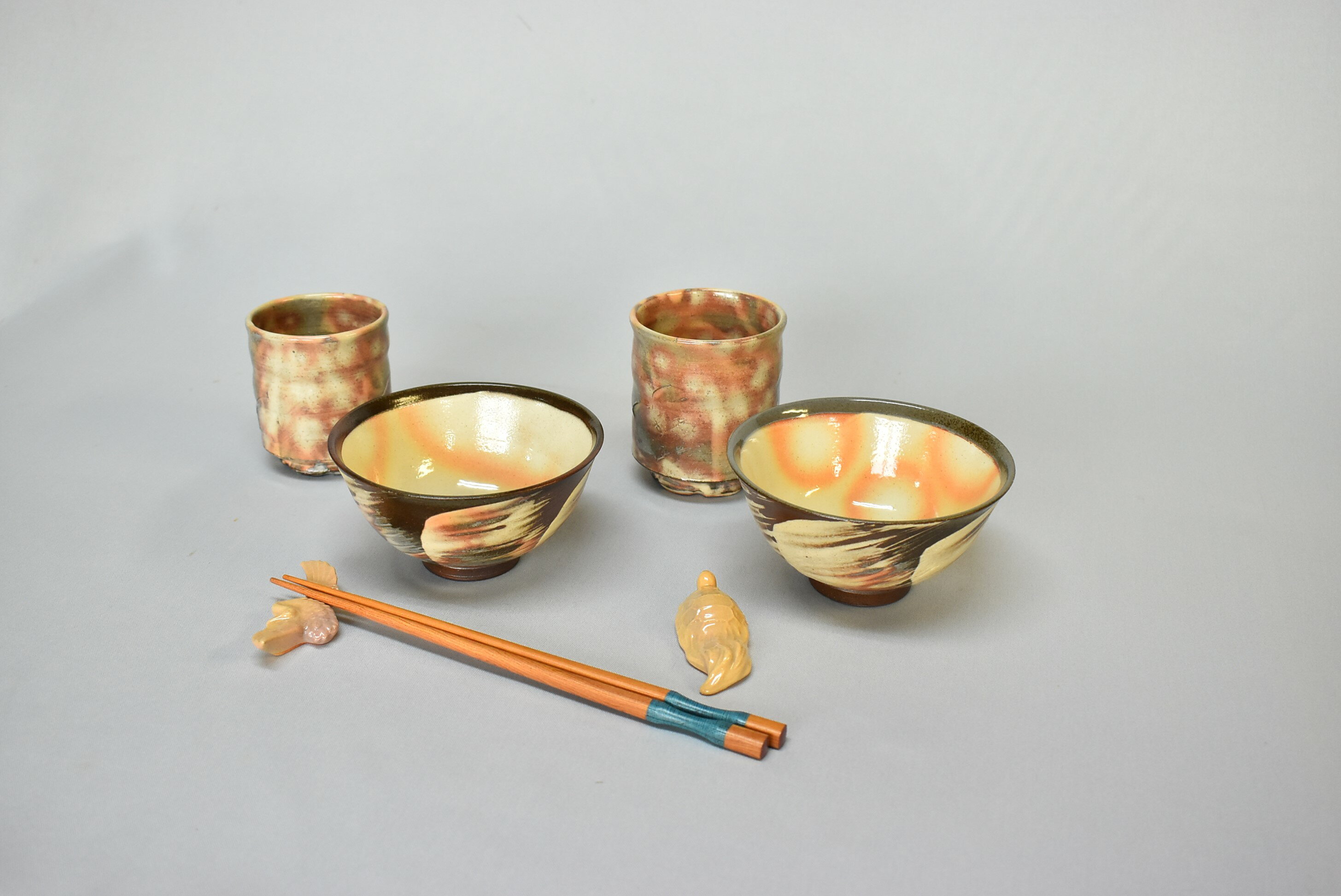 【ふるさと納税】萩焼　福の器揃い(ご飯茶碗・湯呑・鶴亀箸置きセット)