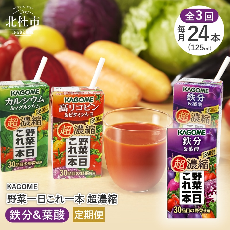 【ふるさと納税】【3か月定期便】 カゴメ 野菜一日これ一本 超濃縮 鉄分&葉酸 125ml 紙パック 24本入 野菜ジュース 濃縮ジュース 名水仕込 無添加 これ1本 野菜不足 350g 30品目 健康志向 飲料 送料無料