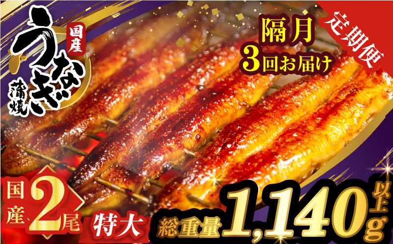 【3回隔月定期便】うなぎ蒲焼特大2尾(さんしょう・たれ付き)総重量1140g以上_T026-0065-K【鰻 魚 魚介 加工品 国産 人気 ギフト 食品 おかず 惣菜 高級 お土産 贈り物 送料無料 