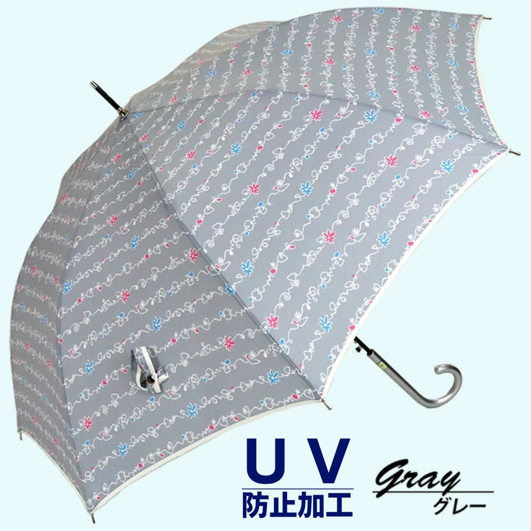 
            晴雨兼用傘 レディース 長傘 大きめ マルチ花ボーダー ワンタッチジャンプ 165204 グレー ／ まちづくり観光振興機構 UV防止加工 紫外線対策 全天候型 奈良県 田原本町
          