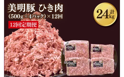 【12ヶ月定期便】【美明豚】挽肉 計2kg(約500g×4パック)｜肉 お肉 国産ひき肉 豚肉 挽肉 美明豚 豚 ハンバーグ 煮物 キーマカレー 定期便 茨城県 行方市(DH-22)