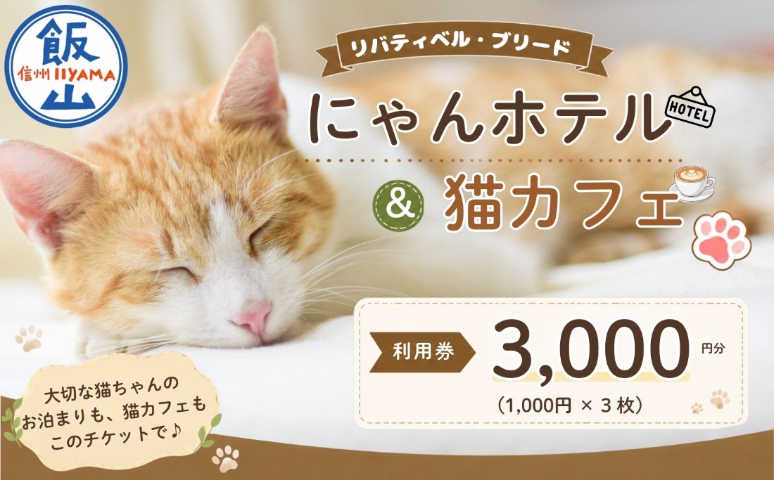 【長野県飯山市】 リバティベル（にゃんほてる＆猫カフェ） 利用券 3,000円分（T-17）