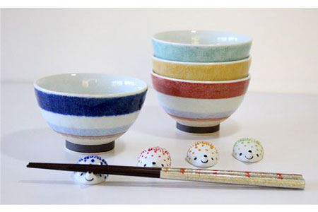 【波佐見焼】ニットボーダー 茶碗 ・レースはりねずみ 箸置き 8点セット 食器 皿 【陶芸ゆたか】 [VA83]  波佐見焼