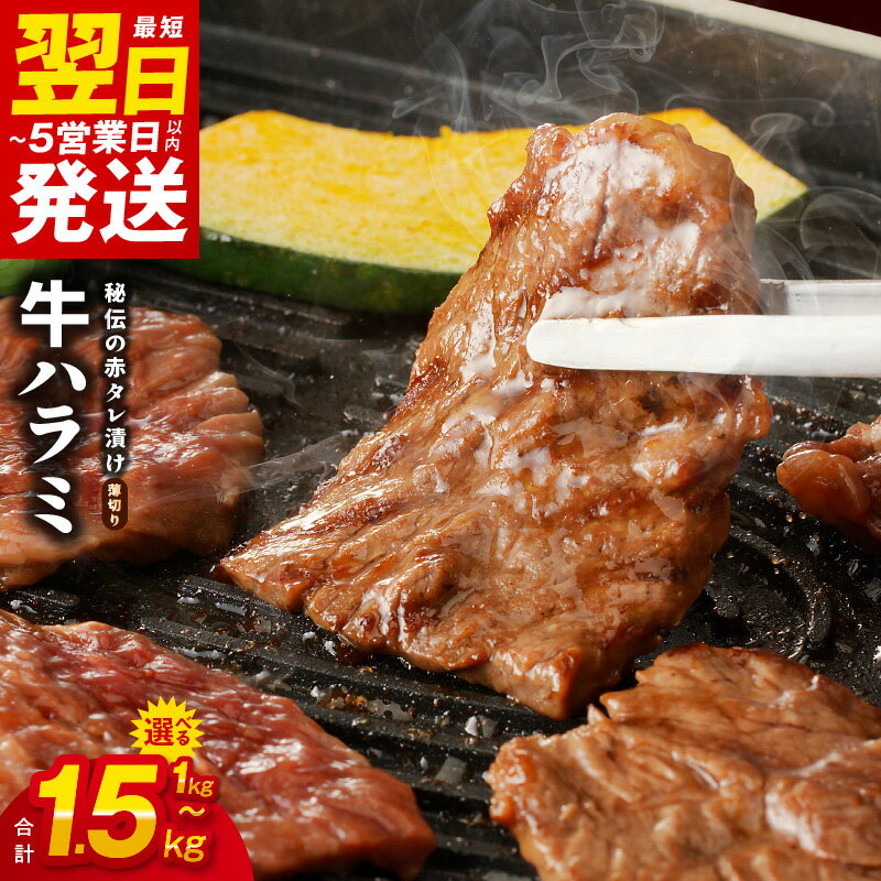 【ふるさと納税】＼最短翌日～5営業日以内発送／ 【訳あり】 牛肉 ハラミ 牛ハラミ 薄切り スライス 選べる 1kg / 1.5kg 小分け サイズ不揃い 秘伝の赤タレ漬け 味付け肉 焼くだけ 簡単 焼肉 肉 食品 冷凍 お取り寄せ 大阪 5日以内発送 大阪府 泉佐野市 送料無料 肉の泉佐野