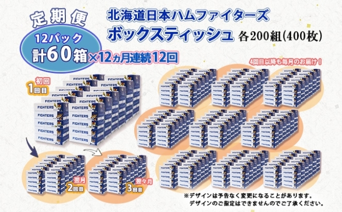 定期便 12ヵ月 連続12回 北海道日本ハムファイターズ ボックスティッシュ 200組 60箱 日本製 まとめ買い リサイクル 紙 防災 常備品 消耗品 生活必需品 大容量 備蓄 ティッシュ ペーパー