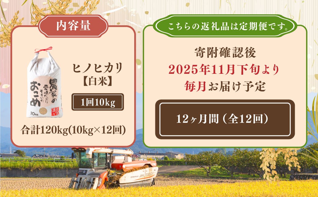 【12ヶ月定期便】日永園 ヒノヒカリ 玄米 10kg×12ヶ月 【2025年11月下旬より発送予定】 米 お米 ご飯  うきは市