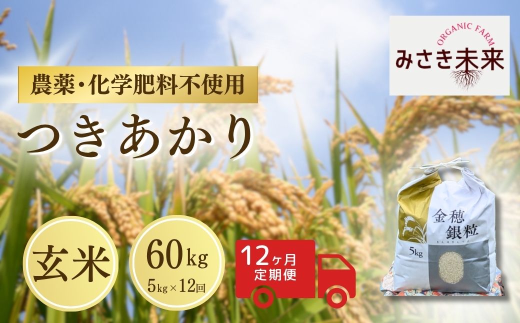 【先行予約】【12か月定期便】つきあかり 玄米 60kg (5kg×12回) 令和8年産 | 無農薬 農薬不使用 化学肥料不使用 精米 お米 米 こめ コメ 福島産 福島県産 南相馬市 みさき未来 つ