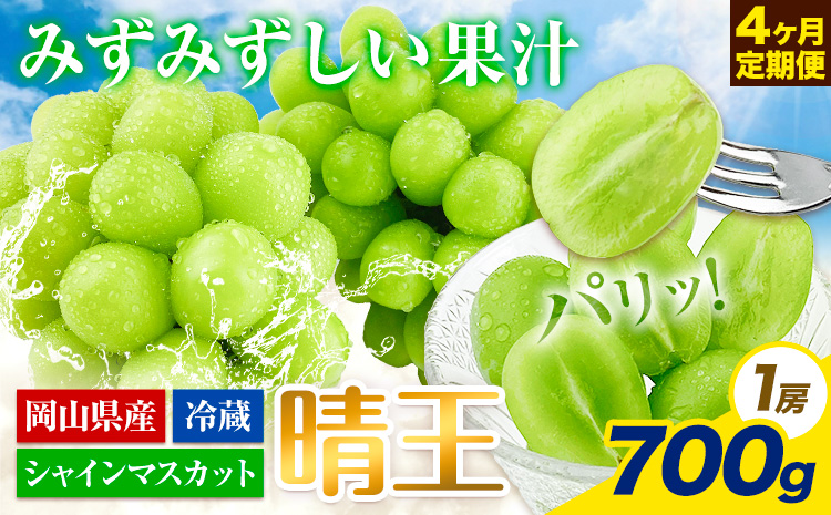 【先行予約】ぶどう 4ヶ月 定期便 シャインマスカット 晴王 700g 岡山県産《7月上旬-10月末頃出荷》 ハレノフルーツ マスカット 送料無料 岡山県 浅口市 フルーツ 果物 国産 岡山県産【配送不可地域あり】（北海道・沖縄・離島）---124_c1936_25_91000_jul4_tei---