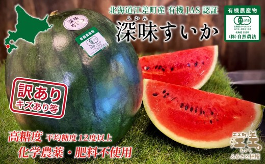 【2026年8月下旬発送開始】【訳あり】北海道産 黒皮 深味すいか  中玉 5.5kg以上 1玉  有機農産物（JAS認証）　高糖度　化学農薬不使用　オーガニック　有機農業　スイカ　すいか　西瓜　 高級西瓜　黒皮すいか　黒玉スイカ　フルーツ　果物　くだもの 　B品　規格外