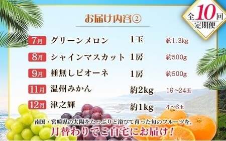 【10回定期便】旬 人気 フルーツ 南国宮崎産 マンゴー 金柑たまたま シャインマスカット ピオーネ いちご みかん 日向夏 メロン 柑橘 きんかん ぶどう 果物 詰め合わせ 宮崎県 九州＜E-3コー