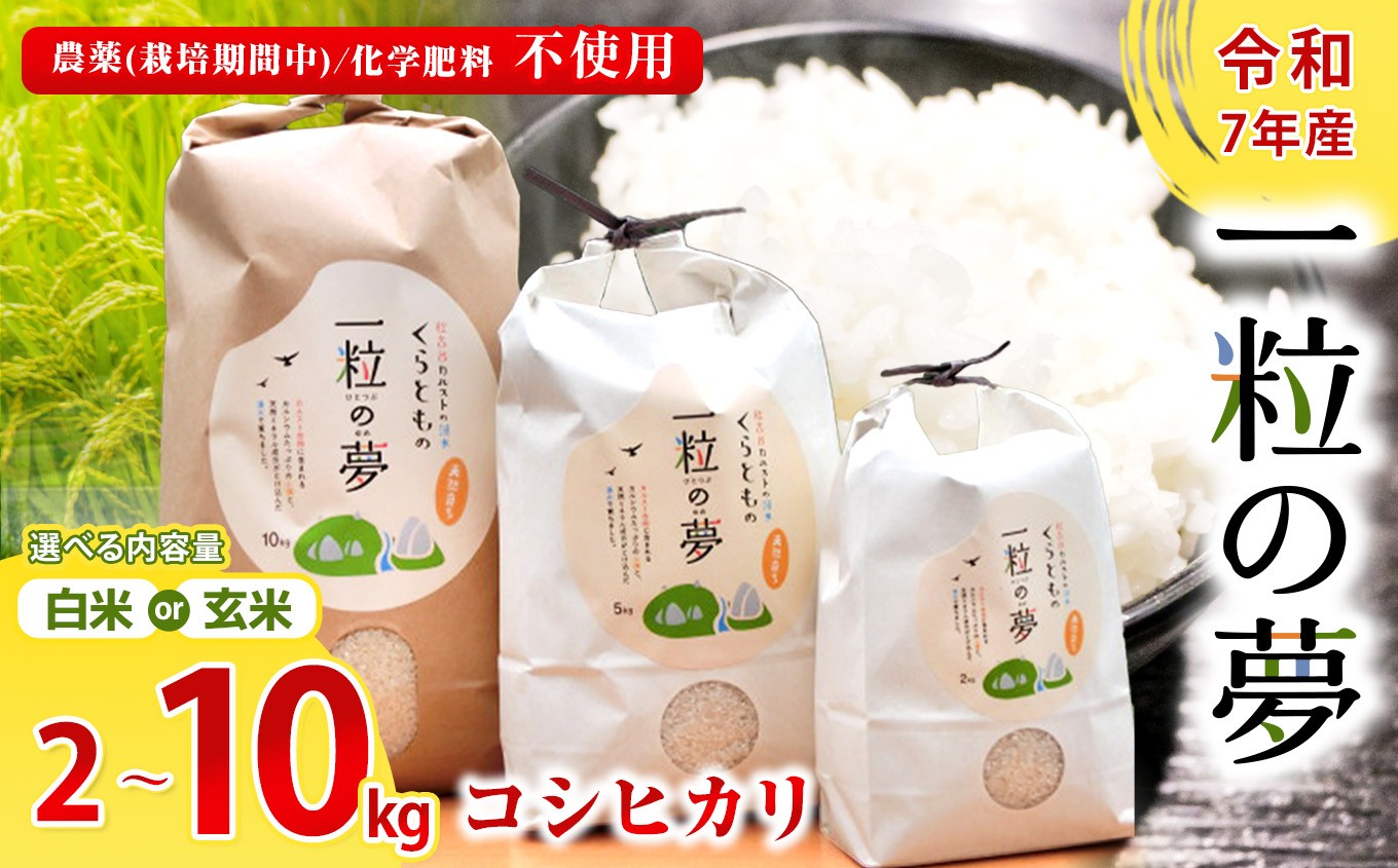 
                  白米 ・玄米 コシヒカリ 2kg ～ 10kg 農薬 ( 栽培期間中不使用 )・ 化学肥料不使用 令和7年産 米 ｜ 精米 玄米 米 こしひかり 美祢市 美祢 山口県 結び家 くらとも
                