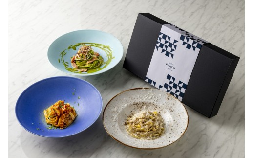 34-8_ホテルインディゴ犬山有楽苑　至福のパスタセットPremium Hotel Pasta Gift Deluxe Box (６Meals)｜ ホテルインディゴ犬山有楽苑 インディゴホームキッチン車山照 パスタ シェフ ギフト プレゼント 贈り物 進物 3種類 6食 ごはん ご褒美 美味しい お取り寄せ ご自宅用 生パスタ きぬあかり 犬山茶 デュクセルソース トマトソース ビスクソース 冷凍