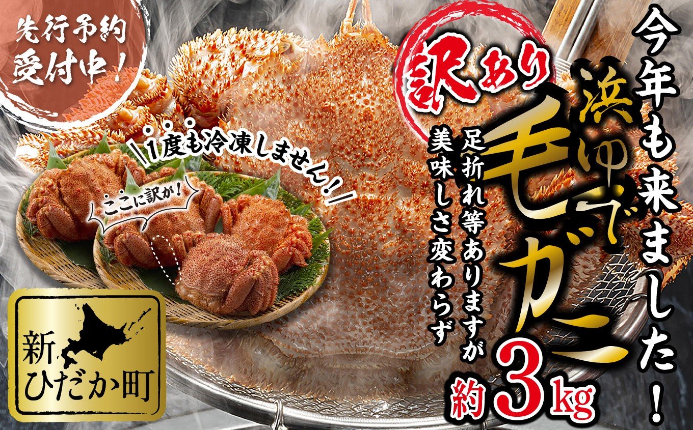 
                  訳あり 北海道産 浜ゆで 毛ガニ 約 3kg ＜2月中旬から順次発送＞ 毛蟹 毛がに かに味噌 カニ味噌 新鮮 旬 ボイル 浜茹で 海鮮 海産物 わけあり 訳アリ 北海道 新ひだか町 
                