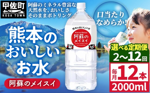 
                  【選べる定期便】熊本のおいしいお水 阿蘇のメイスイ 2L×12本（2ケース）（共通返礼品・御船町）【2ヵ月／3ヶ月／6ヵ月／12ヵ月】 - 天然水 水 飲料水 ミネラルウォーター 箱買い まとめ買い ペットボトル 飲料 ウォーター 軟水 防災グッズ 防災 備蓄 ローリングストック ストック 熊本県
                