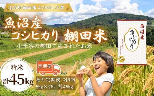 令和7年産 魚沼産コシヒカリ おぢや棚田米コンテスト入賞者の栽培した棚田米 精米45kg（5kg×9回）定期便 毎月発送 | 新潟県産 コシヒカリ お米 米 おこめ こめ コメ こしひかり 白米 精米 魚沼産 ブランド米【0002-RC06DB00-02】