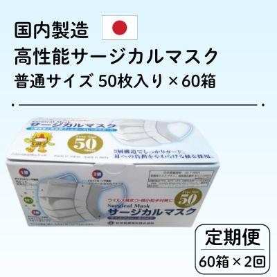 ふるさと納税 由利本荘市 【毎月定期便】国内製造 高性能サージカルマスク 普通サイズ 50枚入り×60箱 合計3000枚全2回