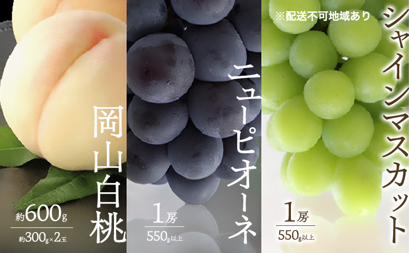 桃 ぶどう 2026年 先行予約 白桃 2玉 合計約600g （1玉約300g） シャインマスカット 晴王 ニューピオーネ 各1房 550g以上 もも 葡萄 詰合せ 岡山 国産 フルーツ 果物 ギフト 桃茂実苑