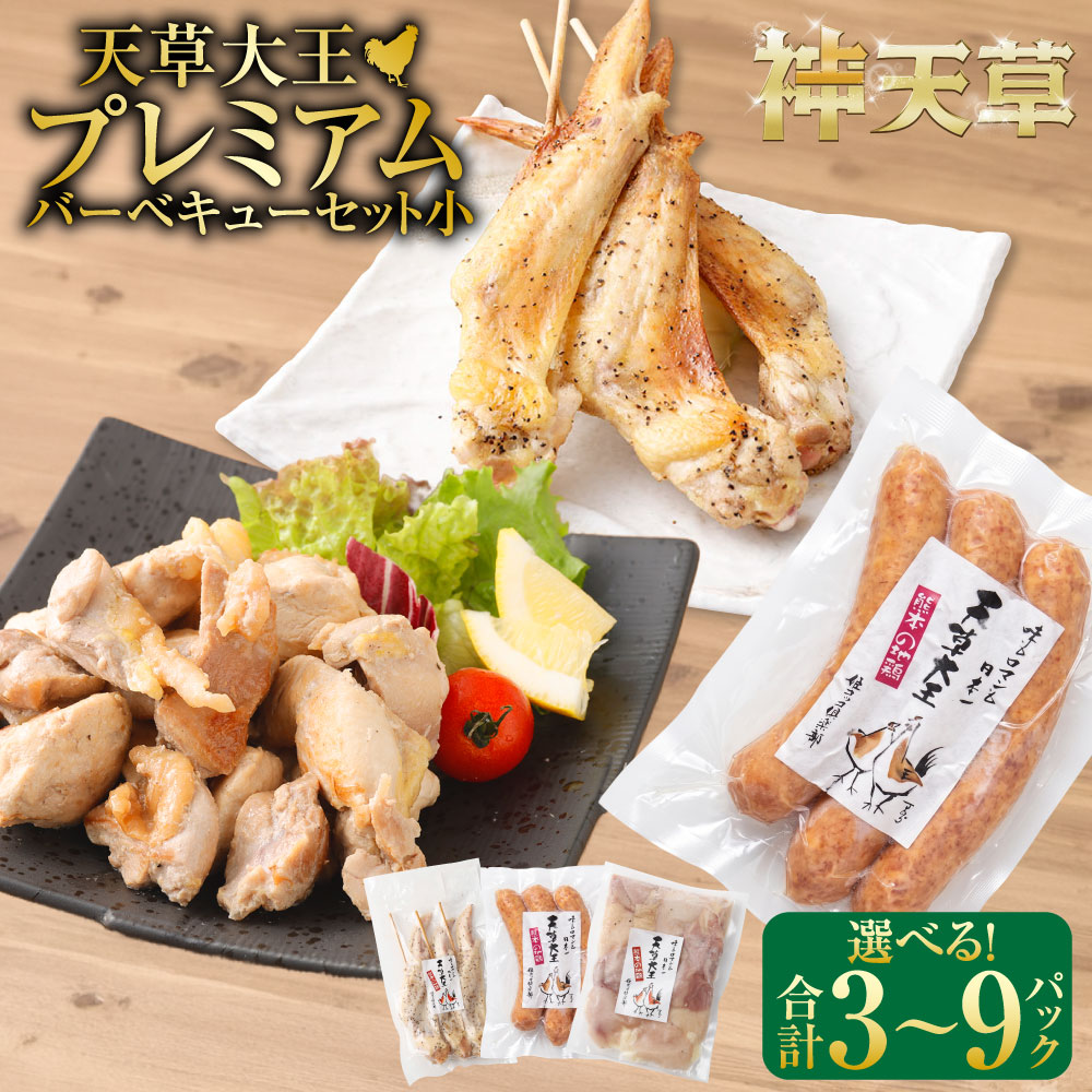 【ふるさと納税】【選べる内容量】天草大王 プレミアム バーベキューセット小 【合計3パック / 合計6パック / 合計9パック】 地鶏 鶏肉 セット 熊本県 上天草産 串セット 焼鳥 手羽先 串 大手羽先串 ウインナー コロコロカット 上天草市 送料無料