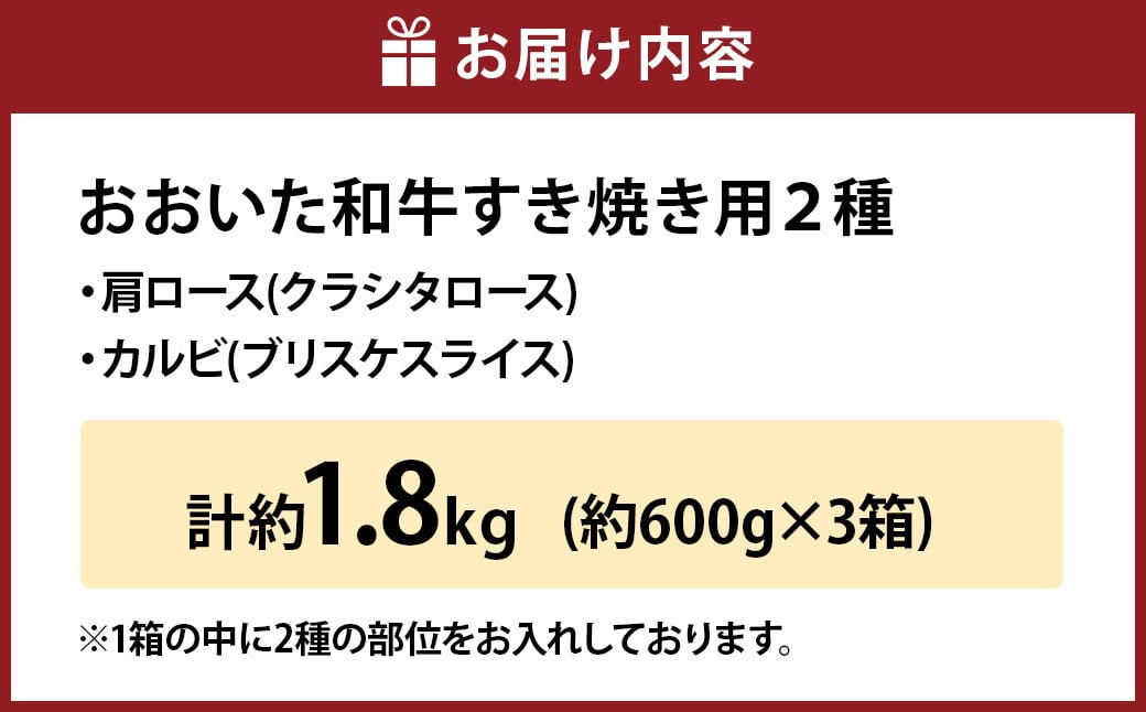 【6ヶ月定期便】おおいた和牛すき焼き用 2種 約1.8kg（約600g×3箱）（クラシタロース・ブリスケスライス）×6回 計約10.8kg