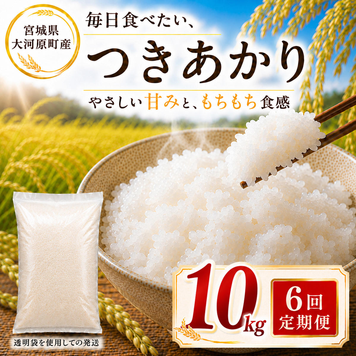 つきあかり 定期便 6回/10kg（5kg×2袋） 令和8年産 新米 ブランド米 白米 精米 【小分け】 宮城県大河原町産