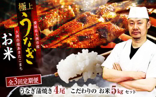 【全3回定期便】うなぎ 蒲焼き 4尾 と 地元生産者 こだわり の お米 5kg セット ウナギ 絶品 国産 鰻 うな丼 うな重 かば焼き 高級 丑の日 おこめ セット 大洲市産 送料無料 贈答 ギフト おすすめ 人気 お取り寄せ 送料無料 グルメ 惣菜 簡単調理 湯煎 温めるだけ 栄養満点 健康 贅沢 ご褒美  極上 ふっくら ふわふわ 食感 愛媛県大洲市/有限会社 樽井旅館[AGAH009]