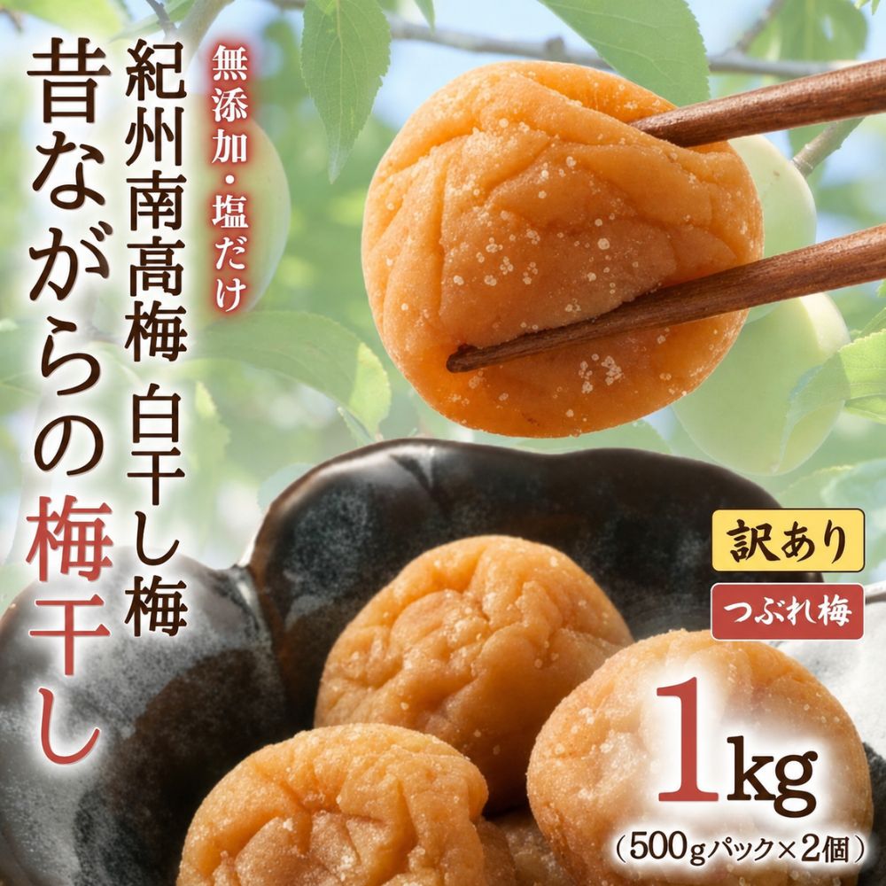 【ふるさと納税】無添加 塩だけ 昔ながらの梅干し 南高梅 紀州梅香 完熟 白干し梅 訳あり つぶれ梅1kg（500gパック×2個）塩分20% 20-G baiko010［KU14］